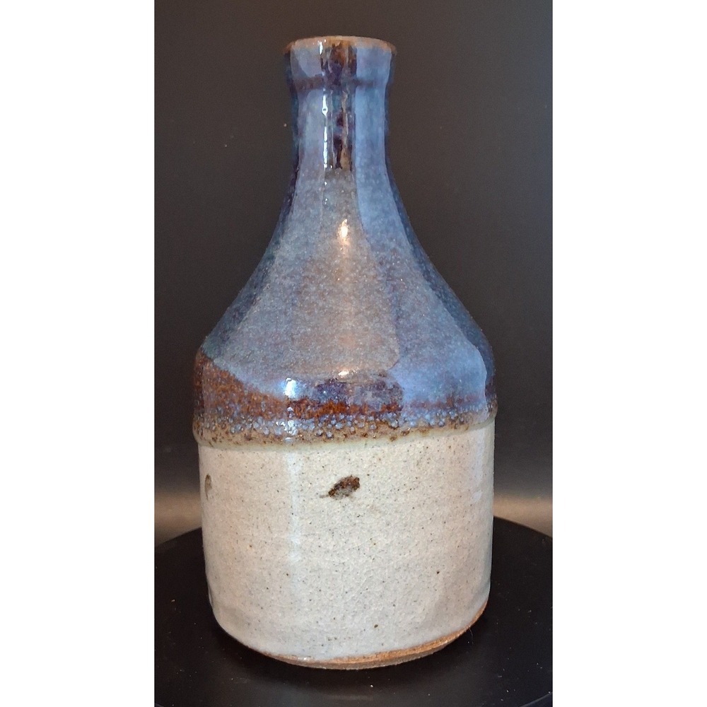 Signed Studio Pottery Vase Blue Beige Two Tone Glazed Bottle 7 Inch